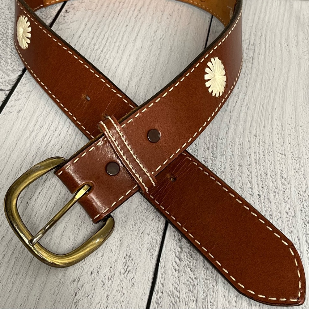 Vintage Nocona Brown Leather Belt with Embroidered Starburst / Flowers, S / 28